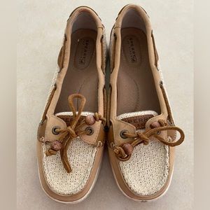 Sperry Angelfish Boat Shoes- Cream Soft Cotton Mesh/Tan Leather EUC 6.5M
